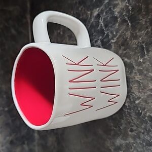 Rae Dunn wink wink red and white ceremic mug